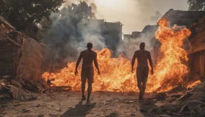 short hair,standing,male focus,outdoors,multiple boys,pants,2boys,from behind,tree,muscular,fire,muscular male,building,nature,scenery,smoke,walking,topless male,rock,explosion,ruins,burning,destruction,rubble,1boy,sky,torn clothes,ground vehicle,motor vehicle,car,house