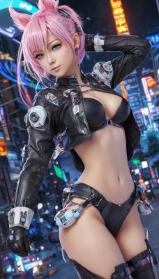 1girl,solo,breasts,looking at viewer,short hair,bangs,blue eyes,thighhighs,gloves,long sleeves,navel,animal ears,cleavage,jewelry,medium breasts,underwear,standing,panties,jacket,swimsuit,pink hair,bikini,cowboy shot,earrings,outdoors,parted lips,open clothes,black gloves,midriff,black thighhighs,fingerless gloves,necklace,stomach,bra,blurry,arm up,open jacket,lips,black jacket,thigh strap,night,depth of field,blurry background,black bikini,facial mark,piercing,black bra,ear piercing,cropped jacket,city