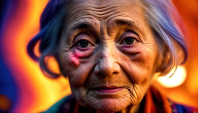 HQ,1girl,solo,looking at viewer,short hair,1boy,brown eyes,white hair,grey hair,male focus,parted lips,teeth,blurry,lips,depth of field,blurry background,portrait,realistic,nose,old,old man,old woman,wrinkled skin,blue hair