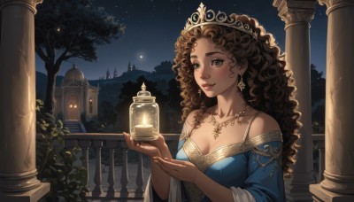 1girl,solo,long hair,breasts,blush,smile,brown hair,dress,cleavage,bare shoulders,brown eyes,jewelry,medium breasts,collarbone,upper body,earrings,outdoors,sky,dark skin,necklace,off shoulder,star (symbol),dark-skinned female,tree,lips,night,blue dress,glowing,tiara,crown,plant,gem,star (sky),night sky,starry sky,curly hair,lantern,off-shoulder dress,railing,pillar,tower,princess,balcony,column,looking at viewer,blue eyes,holding,closed mouth,fingernails,grey eyes,hands up,wavy hair,ring,pendant,pink lips