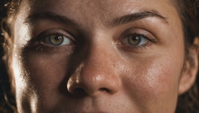 solo,looking at viewer,brown hair,1boy,brown eyes,closed mouth,braid,male focus,lips,eyelashes,thick eyebrows,portrait,close-up,realistic,eye focus,1girl,yellow eyes,shiny,facial hair,freckles