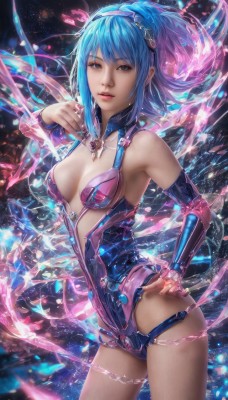 1girl,solo,long hair,breasts,looking at viewer,smile,short hair,bangs,blue eyes,gloves,cleavage,bare shoulders,brown eyes,jewelry,medium breasts,blue hair,standing,cowboy shot,hairband,detached sleeves,nail polish,leotard,lips,hand on hip,realistic,center opening,parted lips,necklace,watermark