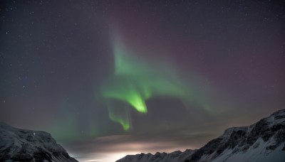 outdoors,sky,no humans,night,glowing,star (sky),night sky,scenery,starry sky,mountain,aurora,blurry,snow,landscape