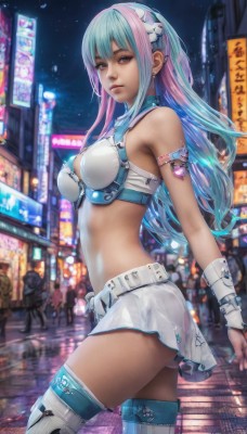 1girl,solo,long hair,breasts,looking at viewer,bangs,blue eyes,skirt,hair ornament,thighhighs,bare shoulders,jewelry,medium breasts,blue hair,pink hair,multicolored hair,earrings,boots,outdoors,sky,solo focus,midriff,belt,miniskirt,blurry,from side,two-tone hair,lips,crop top,see-through,wrist cuffs,aqua hair,night,thigh boots,white skirt,city,realistic,nose,standing,ass,hairband,artist name,signature,watermark,piercing,web address,armlet,walking,road,street,crowd,cyberpunk,neon lights