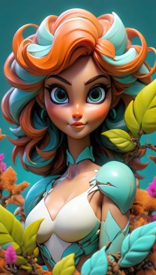 1girl,solo,long hair,breasts,looking at viewer,blush,smile,bangs,blue eyes,cleavage,jewelry,medium breasts,closed mouth,green eyes,blue hair,collarbone,upper body,flower,red hair,multicolored hair,earrings,small breasts,outdoors,parted lips,shiny,artist name,orange hair,armor,two-tone hair,lips,gradient,eyelashes,makeup,leaf,blue background,plant,lipstick,shoulder armor,freckles,curly hair,red lips,hair ornament,dress,watermark,web address,nose