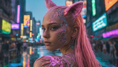 1girl, solo, long hair, looking at viewer, animal ears, pink hair, outdoors, looking back, cat ears, dark skin, blurry, lips, blurry background, science fiction, city, realistic, nose, android, cyborg, cyberpunk, mechanical parts, neon lights