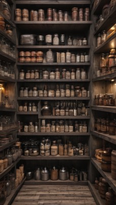 indoors,cup,no humans,bottle,scenery,alcohol,shelf,wine bottle,jar,bar (place),still life,counter,shop