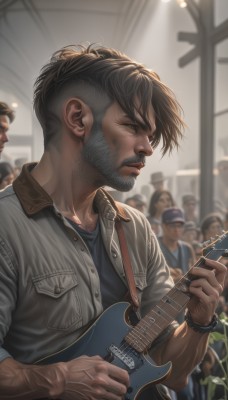 short hair,brown hair,shirt,black hair,1boy,holding,brown eyes,jewelry,jacket,upper body,male focus,outdoors,parted lips,multiple boys,open clothes,solo focus,blurry,bracelet,blurry background,facial hair,instrument,beard,6+boys,realistic,nose,mustache,music,guitar,wristwatch,playing instrument,holding instrument,electric guitar,crowd,acoustic guitar,gloves,hat,closed mouth,indoors,lips,blue shirt,veins,watch,manly,leather,singing,chest hair,denim jacket