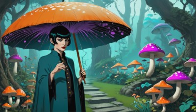 1girl,solo,looking at viewer,short hair,bangs,black hair,long sleeves,holding,standing,outdoors,wide sleeves,black eyes,tree,lips,makeup,umbrella,grass,lipstick,nature,forest,rain,stairs,holding umbrella,red lips,oil-paper umbrella,mushroom,smile,japanese clothes,eyeshadow