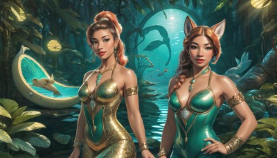 long hair,breasts,looking at viewer,smile,multiple girls,brown hair,dress,2girls,animal ears,cleavage,bare shoulders,brown eyes,jewelry,medium breasts,closed mouth,collarbone,ponytail,braid,earrings,artist name,cat ears,water,necklace,orange hair,bracelet,lips,hand on hip,fox ears,single braid,strapless,covered navel,makeup,siblings,animal,leaf,plant,sisters,nature,hair over shoulder,armlet,forest,freckles,fish,green dress,nose,red lips,mushroom,lily pad,bangs,hair ornament,standing,outdoors,parted lips,shiny,signature,dark skin,nail polish,fingernails,bodysuit,high ponytail,skin tight,shiny clothes,realistic,fantasy,bracer