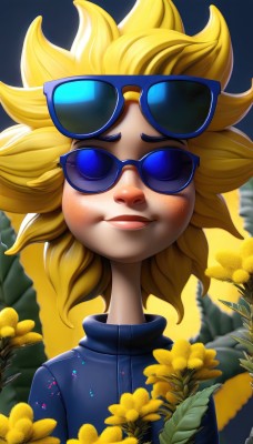 1girl,solo,smile,short hair,open mouth,blonde hair,jacket,closed eyes,upper body,flower,outdoors,artist name,lips,leaf,watermark,sunglasses,spiked hair,facing viewer,web address,eyewear on head,freckles,yellow flower,super saiyan,looking at viewer,1boy,male focus,teeth,plant