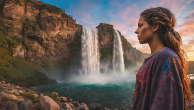 1girl, solo, long hair, brown hair, upper body, outdoors, sky, cloud, water, from side, profile, scenery, rock, realistic, waterfall