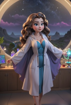 1girl,solo,long hair,breasts,smile,blue eyes,brown hair,dress,cleavage,medium breasts,standing,collarbone,sky,belt,indoors,lips,makeup,night,blue dress,wavy hair,star (sky),night sky,starry sky,curly hair,mountain,labcoat,test tube,flask,vial,potion,looking at viewer,blush,cape,magic