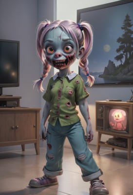 1girl,solo,long hair,looking at viewer,open mouth,shirt,hair ornament,red eyes,twintails,brown eyes,standing,full body,pink hair,braid,short sleeves,shoes,teeth,collared shirt,pants,indoors,twin braids,tree,torn clothes,window,blood,night,buttons,colored skin,moon,denim,hair bobbles,sharp teeth,sneakers,child,full moon,pocket,jeans,wide-eyed,blood on face,wooden floor,green shirt,blue pants,female child,blood on clothes,television,grey skin,monitor,extra eyes,zombie,blood on hands,torn pants,horror (theme),torn jeans,mask,table,blue skin,smiley face