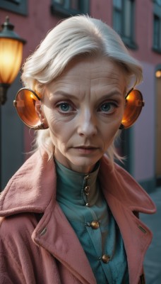 1girl,solo,looking at viewer,short hair,blue eyes,shirt,closed mouth,jacket,upper body,white hair,artist name,blurry,lips,coat,buttons,depth of field,blurry background,turtleneck,headphones,freckles,realistic,nose,old woman,blonde hair,jewelry,green eyes,signature,necklace,eyelashes,makeup,watermark,portrait,web address,old,wrinkled skin