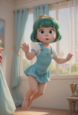 1girl,solo,looking at viewer,short hair,open mouth,bangs,skirt,shirt,dress,brown eyes,jewelry,standing,full body,white shirt,short sleeves,parted lips,green hair,barefoot,day,indoors,necklace,blurry,black eyes,lips,bare legs,window,toes,blurry background,blue dress,table,curtains,child,female child,smile,feet,realistic