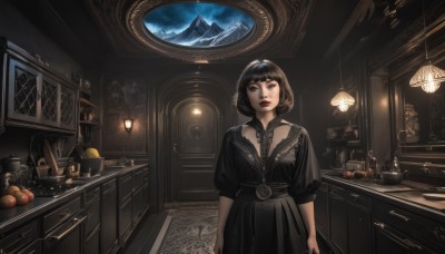 1girl,solo,looking at viewer,short hair,bangs,black hair,dress,closed mouth,standing,short sleeves,food,sky,puffy sleeves,belt,indoors,blunt bangs,black eyes,black dress,lips,window,makeup,fruit,table,bob cut,bottle,lipstick,scenery,plate,wooden floor,mountain,arms at sides,apple,red lips,lamp,picture frame,kitchen,jar,painting (object),drawer,cabinet,stove,chest of drawers,cutting board,signature,mole,puffy short sleeves,night,knife,lace trim,lace,bowl,mirror,basket,candle,orange (fruit)