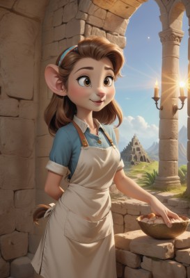 1girl,solo,long hair,breasts,blush,smile,open mouth,brown hair,shirt,holding,animal ears,brown eyes,standing,tail,short sleeves,hairband,small breasts,outdoors,food,sky,day,collared shirt,artist name,cloud,apron,blue sky,sunlight,grass,blue shirt,building,white apron,furry,arm behind back,furry female,sun,basket,blue hairband,animal nose,castle,snout,holding basket,dress,very long hair,braid,pointy ears,lips,single braid,buttons,thick eyebrows,extra ears,mouse ears,nose,wall,stone wall