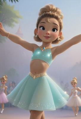 looking at viewer,blush,smile,short hair,open mouth,blue eyes,multiple girls,skirt,blonde hair,brown hair,hair ornament,dress,navel,bare shoulders,jewelry,standing,earrings,outdoors,parted lips,sky,teeth,sleeveless,solo focus,day,midriff,dark skin,armpits,necklace,stomach,hair bun,blurry,black eyes,arms up,flat chest,bracelet,dark-skinned female,tree,blue sky,lips,blue skirt,crop top,see-through,bare arms,strapless,4girls,depth of field,blurry background,single hair bun,outstretched arms,tiara,5girls,green skirt,child,backlighting,hoop earrings,spread arms,female child,dancing,dancer,arabian clothes,aqua skirt,ballerina,1girl,long hair,breasts,small breasts,eyelashes,sparkle,thick eyebrows,gold trim,princess,aqua dress,ballet slippers,tutu