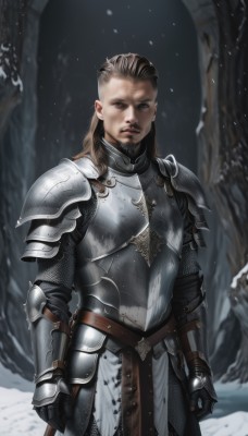 solo,long hair,looking at viewer,brown hair,gloves,1boy,brown eyes,closed mouth,standing,weapon,male focus,cowboy shot,outdoors,belt,sword,armor,blurry,blurry background,facial hair,shoulder armor,gauntlets,beard,snow,clenched hands,pauldrons,breastplate,snowing,realistic,arms at sides,vambraces,faulds,hair slicked back,knight,chainmail,plate armor,undercut