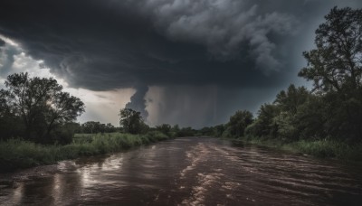 outdoors,sky,day,cloud,water,tree,no humans,sunlight,cloudy sky,grass,nature,scenery,forest,reflection,light rays,bush,dark,river,landscape,lake