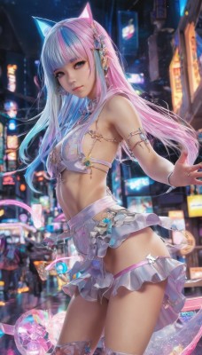 1girl,solo,long hair,breasts,looking at viewer,bangs,blue eyes,skirt,hair ornament,thighhighs,animal ears,bare shoulders,jewelry,medium breasts,blue hair,standing,swimsuit,pink hair,bikini,thighs,multicolored hair,cowboy shot,earrings,outdoors,cat ears,miniskirt,blunt bangs,nail polish,blurry,bracelet,from side,two-tone hair,lips,night,blurry background,fake animal ears,revealing clothes,bikini top only,armlet,city,wand,microskirt,navel,closed mouth,purple eyes,purple hair,small breasts,frills,parted lips,midriff,artist name,signature,collar,streaked hair,see-through,grey eyes,makeup,depth of field,headphones,watermark,white skirt,outstretched arms,ground vehicle,motor vehicle,realistic,nose,car,animal ear headphones,cat ear headphones,cyberpunk