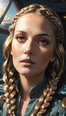 1girl,solo,long hair,looking at viewer,blonde hair,shirt,brown eyes,yellow eyes,upper body,braid,parted lips,sky,teeth,day,collared shirt,artist name,water,uniform,twin braids,lips,eyelashes,ocean,sunlight,looking up,blue shirt,ground vehicle,portrait,hair over shoulder,close-up,forehead,zipper,freckles,realistic,nose,sun,dirty face,brown hair,cloud,signature,blue sky,tattoo,facial mark,backlighting,horizon,unbuttoned,facepaint,multiple braids