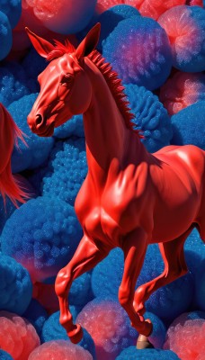 solo,open mouth,full body,from side,pokemon (creature),no humans,animal,realistic,animal focus,red theme,horse,glowing,1other,blue theme