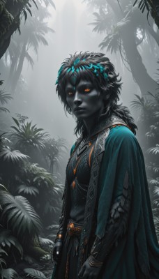 1girl,solo,long hair,looking at viewer,black hair,long sleeves,1boy,jewelry,standing,male focus,cowboy shot,outdoors,artist name,signature,dark skin,necklace,cape,bracelet,tree,orange eyes,glowing,colored skin,leaf,sunlight,feathers,plant,nature,glowing eyes,cloak,forest,rain,arms at sides,grey skin,black skin,colored sclera