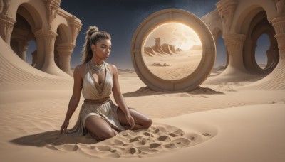 1girl,solo,long hair,breasts,brown hair,black hair,dress,cleavage,bare shoulders,brown eyes,jewelry,medium breasts,sitting,ponytail,sky,dark skin,necklace,dark-skinned female,lips,looking to the side,kneeling,moon,star (sky),starry sky,realistic,sand,yokozuwari,planet,pillar,desert,earrings,barefoot,white dress,facial mark,seiza,space,hair pulled back