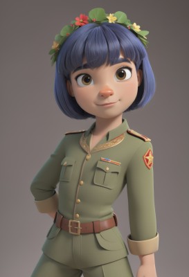 1girl,solo,looking at viewer,smile,short hair,bangs,simple background,black hair,hair ornament,long sleeves,brown eyes,closed mouth,blue hair,standing,flower,cowboy shot,belt,pants,hair flower,grey background,uniform,military,military uniform,freckles,arm behind back,brown background,pocket,brown belt,head wreath,green pants,imperial japanese army,lips,realistic,medal,wreath,flower wreath