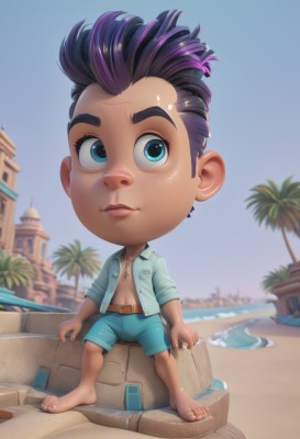 solo,looking at viewer,short hair,blue eyes,shirt,black hair,1boy,navel,jewelry,sitting,closed mouth,jacket,full body,purple hair,male focus,multicolored hair,outdoors,open clothes,sky,shorts,barefoot,day,belt,water,necklace,chibi,blurry,tree,blue sky,lips,open shirt,blurry background,beach,blue shirt,building,child,blue shorts,sand,palm tree,male child,undercut,swim trunks,sand sculpture,coconut,sand castle,artist name,two-tone hair,watermark,watercraft,mohawk