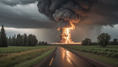 outdoors,sky,day,cloud,tree,no humans,glowing,cloudy sky,grass,fire,nature,scenery,forest,smoke,monster,road,burning,mountain,field,lightning,landscape