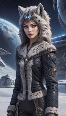 1girl,solo,long hair,looking at viewer,brown hair,gloves,long sleeves,hat,animal ears,brown eyes,jewelry,standing,jacket,cowboy shot,sky,black gloves,pants,artist name,signature,hood,lips,coat,fur trim,makeup,black pants,moon,brooch,gem,star (sky),snow,starry sky,animal hood,realistic,nose,winter clothes,red lips,space,leather,planet,earth (planet),spacecraft,parka,holding,weapon,holding weapon,facial mark,dual wielding