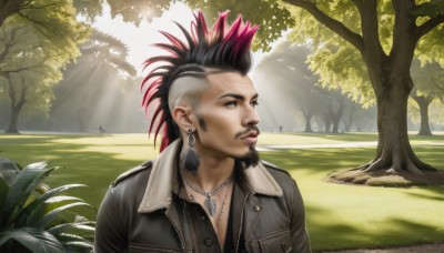 solo,black hair,1boy,brown eyes,jewelry,jacket,upper body,pink hair,male focus,red hair,multicolored hair,earrings,outdoors,parted lips,day,necklace,two-tone hair,tree,lips,black jacket,looking to the side,facial hair,sunlight,grass,spiked hair,nature,beard,forest,light rays,realistic,nose,leather,leather jacket,mohawk,scar,piercing,asymmetrical hair,undercut