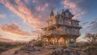 outdoors,sky,day,cloud,tree,blue sky,no humans,window,bird,sunlight,cloudy sky,grass,building,nature,scenery,sunset,rock,stairs,mountain,fantasy,door,road,architecture,house,tower,path,stone,chimney,plant,bush,ruins,arch