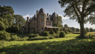 outdoors,sky,day,cloud,tree,blue sky,no humans,window,cloudy sky,grass,building,nature,scenery,forest,bush,house,castle,path,rock,fantasy,road,landscape