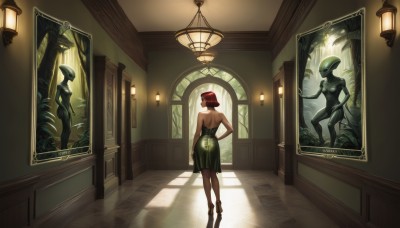 1girl,solo,breasts,short hair,skirt,hat,dress,bare shoulders,medium breasts,standing,ass,red hair,barefoot,indoors,from behind,hand on hip,strapless,colored skin,plant,green skirt,scenery,reflection,green dress,mirror,backless outfit,lamp,backless dress,statue,painting (object),reflective floor,multiple girls,window,shadow,monster,candle,green skin