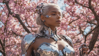 1girl, solo, long hair, breasts, jewelry, upper body, flower, white hair, earrings, outdoors, parted lips, day, dark skin, armor, blurry, dark-skinned female, tree, lips, cherry blossoms, shoulder armor, realistic, nose