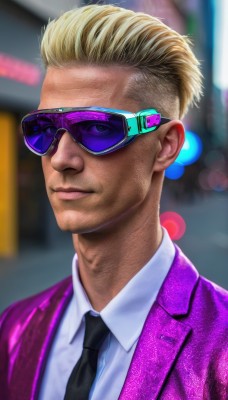 solo,looking at viewer,short hair,blonde hair,shirt,1boy,closed mouth,jacket,white shirt,upper body,male focus,necktie,collared shirt,blurry,lips,blurry background,formal,sunglasses,suit,portrait,black necktie,realistic,pink jacket,purple jacket,blue eyes,depth of field,facial hair,nose,very short hair