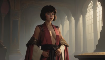 1girl,solo,breasts,looking at viewer,short hair,bangs,brown hair,black hair,long sleeves,dress,cleavage,bare shoulders,brown eyes,medium breasts,closed mouth,standing,collarbone,upper body,small breasts,detached sleeves,indoors,wide sleeves,black eyes,lips,sash,window,no bra,makeup,red dress,sunlight,bob cut,lipstick,red lips,pillar,parted lips,backlighting,hands on hips,robe,nose