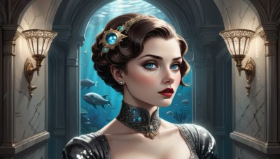 1girl,solo,looking at viewer,short hair,blue eyes,brown hair,hair ornament,dress,jewelry,collarbone,upper body,braid,hairband,earrings,parted lips,choker,artist name,indoors,water,lips,eyelashes,window,makeup,lipstick,gem,portrait,fish,light rays,underwater,nose,fantasy,red lips,pillar,mascara,breasts,cleavage,teeth,air bubble