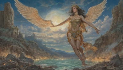 1girl,solo,long hair,breasts,black hair,navel,bare shoulders,jewelry,closed eyes,outdoors,wings,sky,barefoot,midriff,cloud,dark skin,water,necklace,bracelet,lips,dutch angle,night,ocean,moon,cloudy sky,outstretched arms,scenery,feathered wings,full moon,flying,angel wings,rock,mountain,fantasy,spread arms,angel,brown hair,cleavage,medium breasts,standing,full body,parted lips,choker,day,watermark,wavy hair,halo,sunlight,walking,curly hair,circlet,realistic,sun,cliff