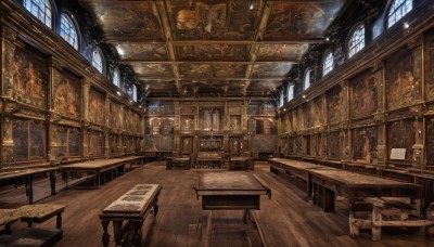 day,indoors,book,no humans,window,chair,table,sunlight,scenery,light rays,wooden floor,stairs,bookshelf,lamp,architecture,stool,library,ceiling,carpet,chandelier,wooden table,wooden chair,fantasy,candle,statue,painting (object),church,candlestand