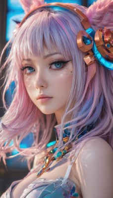 1girl,solo,long hair,breasts,looking at viewer,bangs,blue eyes,large breasts,hair ornament,animal ears,cleavage,bare shoulders,jewelry,medium breasts,closed mouth,upper body,pink hair,white hair,hairband,artist name,necklace,mole,blurry,lips,fox ears,eyelashes,mole under eye,makeup,blurry background,headgear,portrait,pink lips,realistic,nose,mascara,underwear,multicolored hair,blunt bangs,bra,expressionless,gem