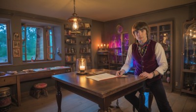 solo,smile,brown hair,shirt,1boy,brown eyes,jewelry,sitting,white shirt,male focus,necktie,pants,indoors,vest,bracelet,cup,book,window,chair,black pants,table,bottle,scenery,wooden floor,realistic,clock,bookshelf,pen,lamp,candle,photo (object),stool,shelf,jar,painting (object),bar (place),counter,looking at viewer,short hair,bangs,long sleeves,closed mouth,collared shirt,necklace,tree,night,facial hair,plant,box,desk,plate,sleeves rolled up,lantern,paper,open book,fantasy,red vest,map,rug,cabinet,wooden table,wood,wooden chair