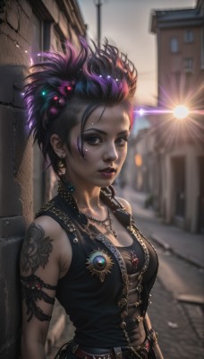 1girl,solo,breasts,looking at viewer,short hair,black hair,hair ornament,cleavage,bare shoulders,brown eyes,jewelry,medium breasts,standing,upper body,purple hair,multicolored hair,earrings,outdoors,parted lips,sleeveless,solo focus,day,belt,signature,dark skin,necklace,blurry,black eyes,vest,bracelet,two-tone hair,dark-skinned female,lips,eyelashes,tattoo,makeup,depth of field,blurry background,watermark,piercing,sunlight,tank top,cross,lipstick,building,ear piercing,web address,forehead,buckle,lens flare,armlet,pendant,eyeshadow,zipper,backlighting,asymmetrical hair,belt buckle,realistic,nose,arms at sides,red lips,stud earrings,eyeliner,arm tattoo,leather,shoulder tattoo,badge,street,mascara,alley,shirt,pants,chain,armband