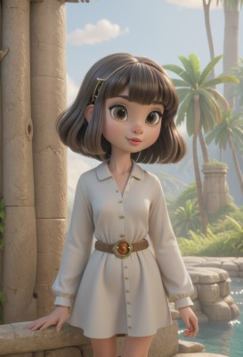 1girl,solo,looking at viewer,smile,short hair,bangs,brown hair,long sleeves,dress,brown eyes,closed mouth,standing,hairband,outdoors,sky,day,belt,artist name,blunt bangs,medium hair,water,white dress,tree,blue sky,lips,child,rock,palm tree,female child,pillar,hair ornament,collarbone,parted lips,hairclip