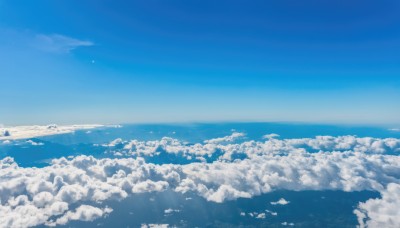 solo,outdoors,sky,day,cloud,water,blue sky,no humans,ocean,cloudy sky,scenery,blue theme,horizon,landscape,above clouds,very wide shot,monochrome