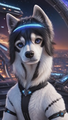 solo,looking at viewer,blue eyes,jewelry,closed mouth,upper body,outdoors,sky,artist name,no humans,night,animal,looking up,goggles,star (sky),night sky,furry,starry sky,dog,animal focus,white fur,whiskers,clothed animal,1girl,signature,necklace,wolf